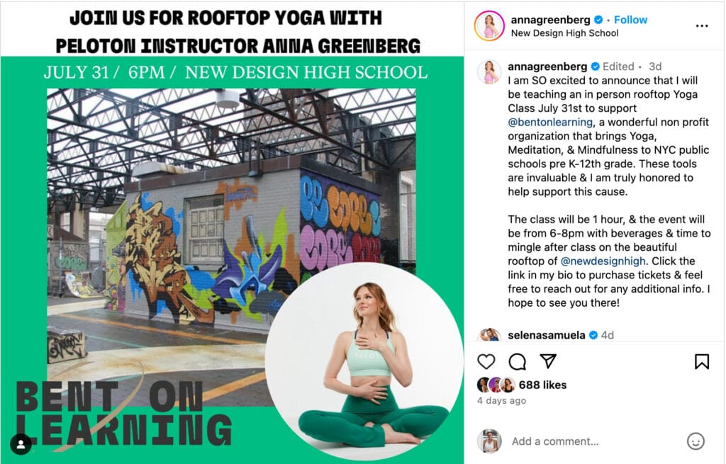 Anna Greenberg's Instagram post announcing yoga class benefitting Bent on Learning